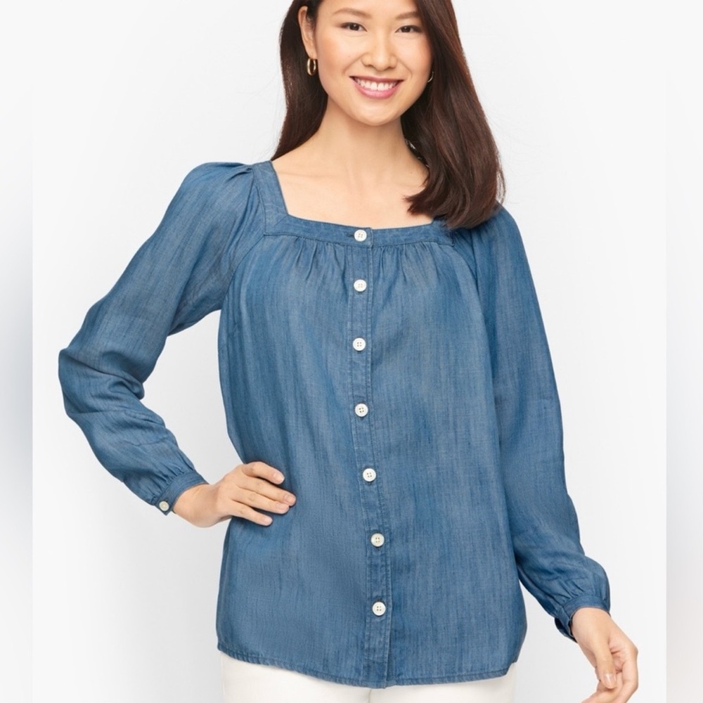 Talbots Blue Chambray Square Neck Long Sleeve Button Up Shirt Size L